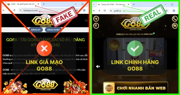 Đừng Nhầm Lẫn Nhà Cái Go88 Chính Thức Với Trang Giả Mạo 2 Khi truy cập, trải nghiệm trên Go88.com thật cho cảm giác tin cậy, còn trang giả Go88.com dễ nhận biết nhờ chi tiết rối mắt hoặc bất thường.